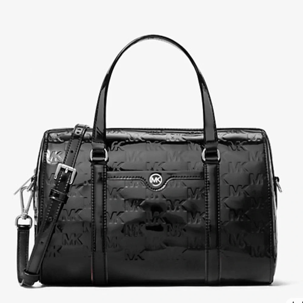 MICHAEL KORS Jet Set Medium Patent Logo Debossed Duffel Crossbody Bag Silver NWT